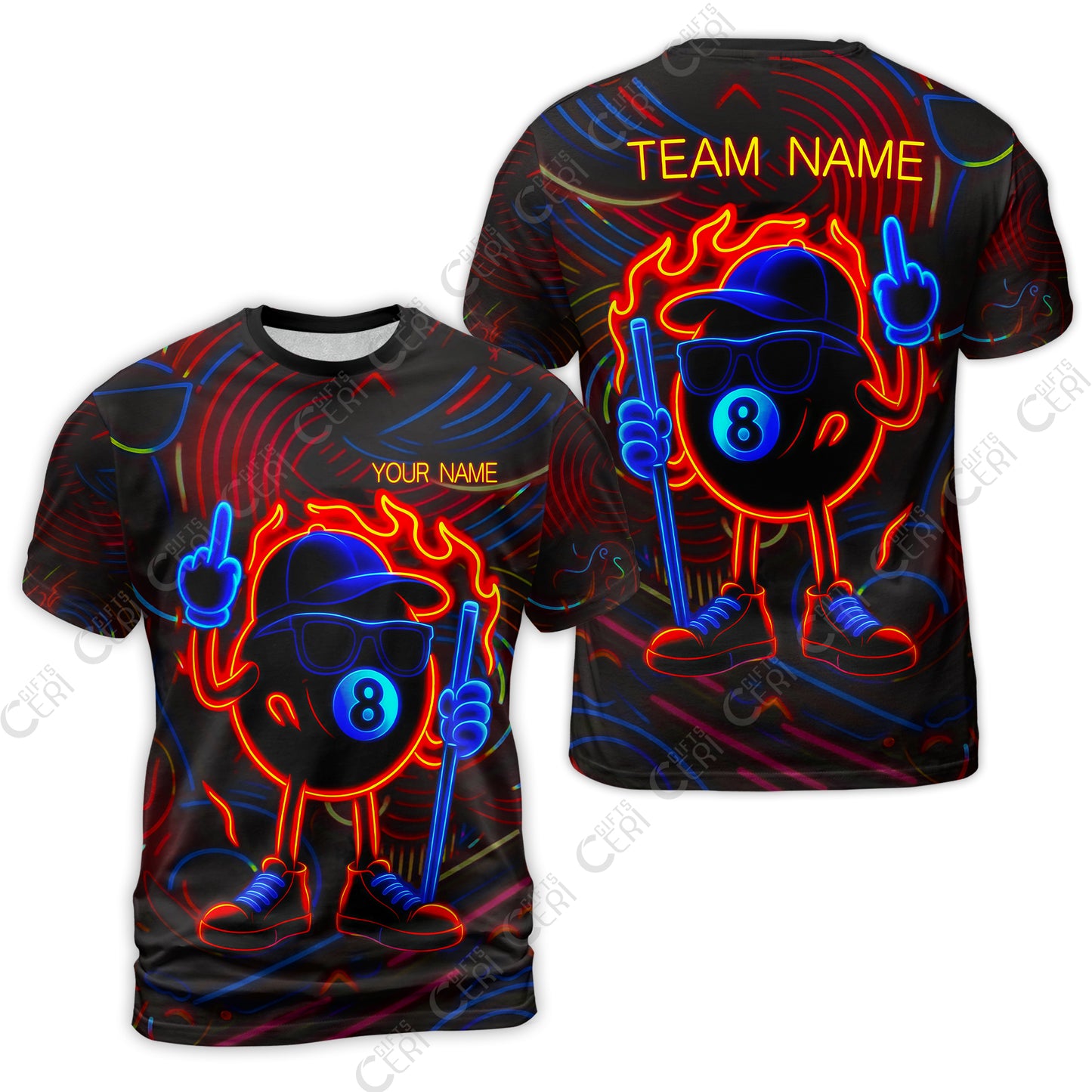 Customized 8 Ball Pool T-Shirt, 8-Ball Billiard Neon Cartoon Flaming, Billiard Jerseys