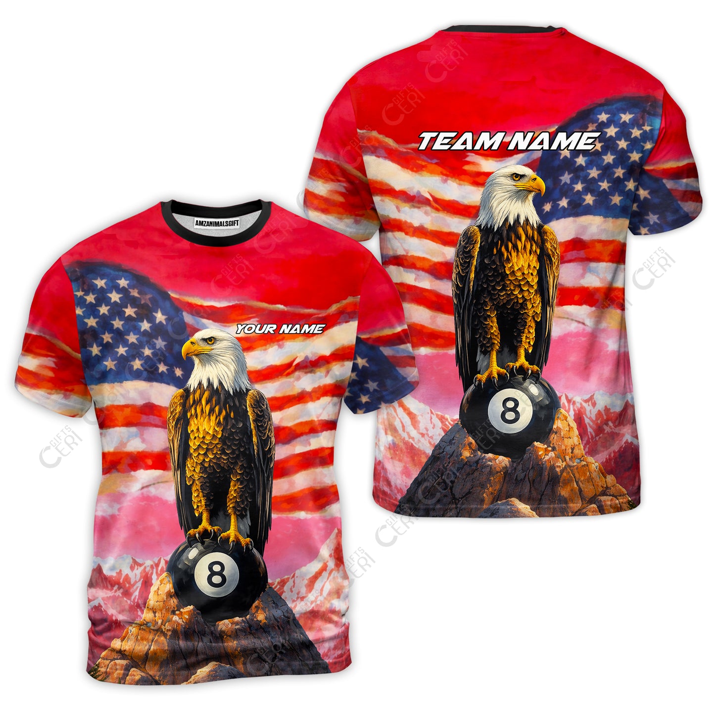 Customized Billiards T-Shirt, Personalized American Flag With Eagle 8 Ball Jersey Gift For Billiard Players