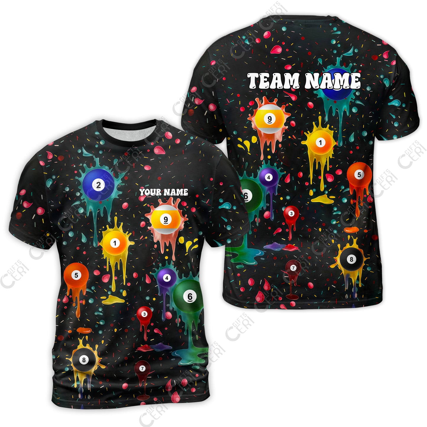 Customized 9 Ball Pool T-Shirt, Billiards 9-Ball Colorful Paint-Splash, Billiards Jerseys