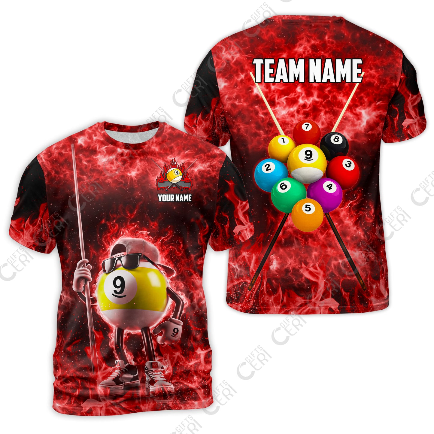 Customized 9 Ball Pool T-Shirt, 9-Ball Wearing Cap And Sunglasses Flaming Burn, Billiard Jerseys