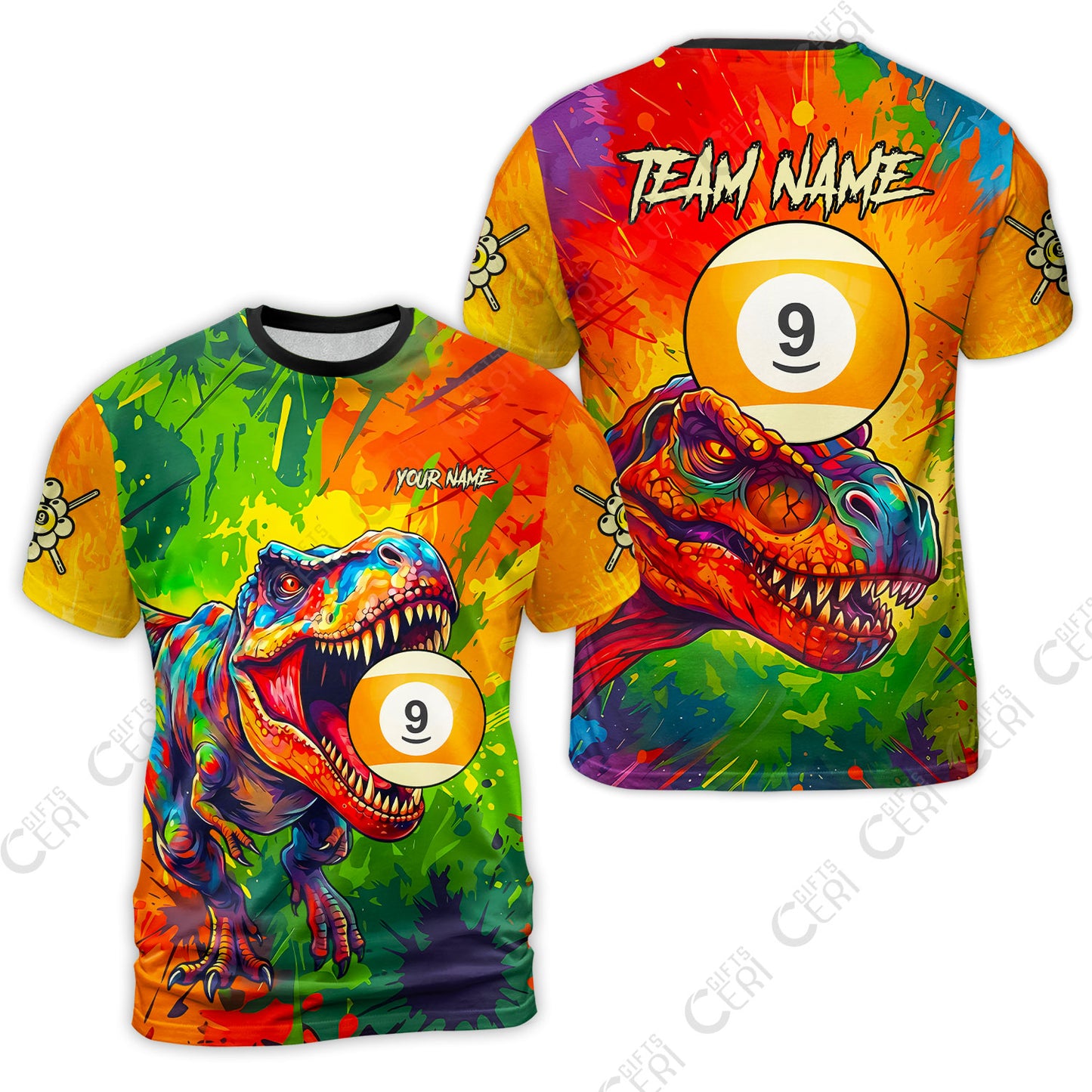 Customized 9 Ball Pool T-Shirt, Dinosaur Colorful Splash Paint Billiard 9-Ball, Personalized Billiards Jersey