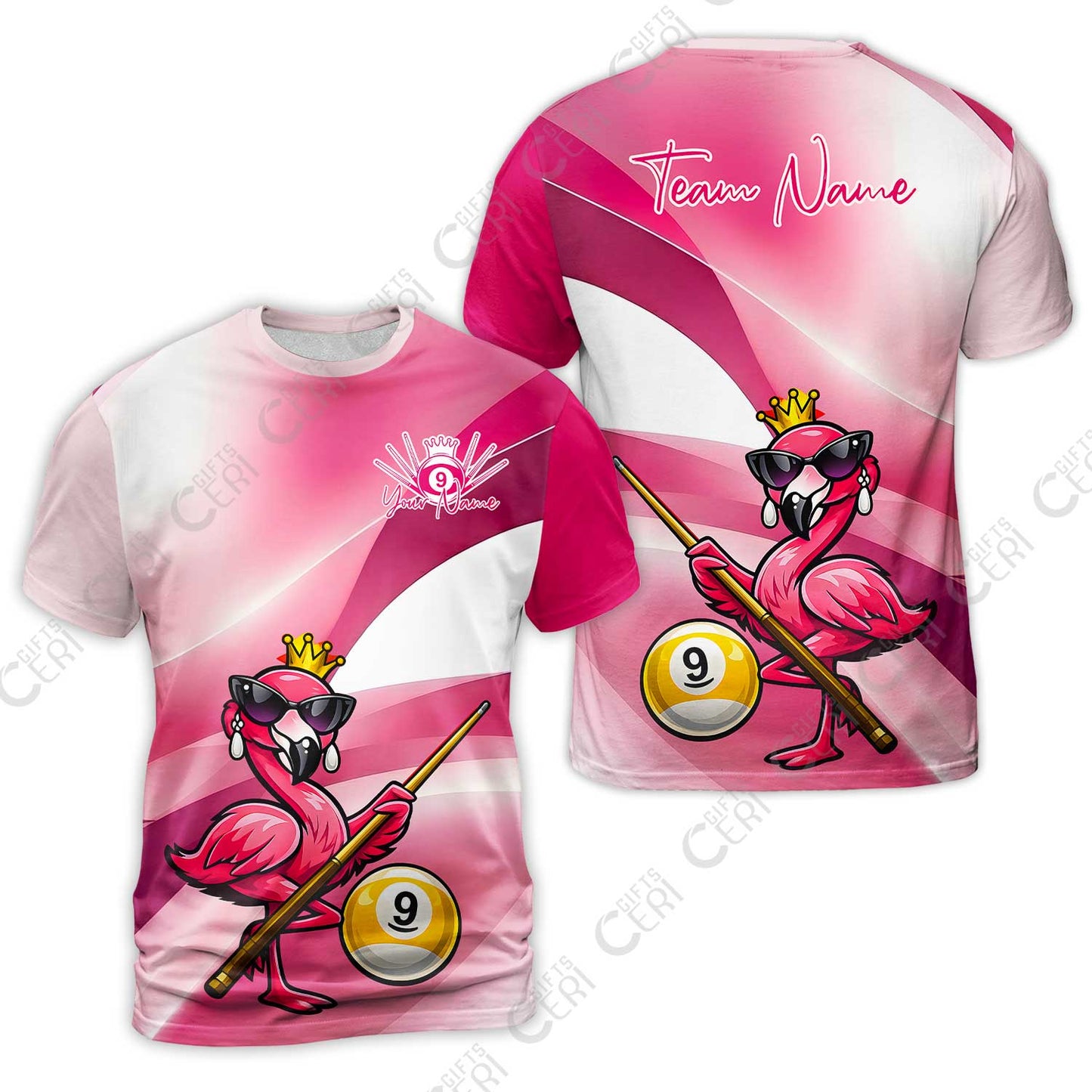 Customized 9 Ball Pool T-Shirt, Pink Flamingo Billiards 9-Ball, Personalized Billiards Jersey