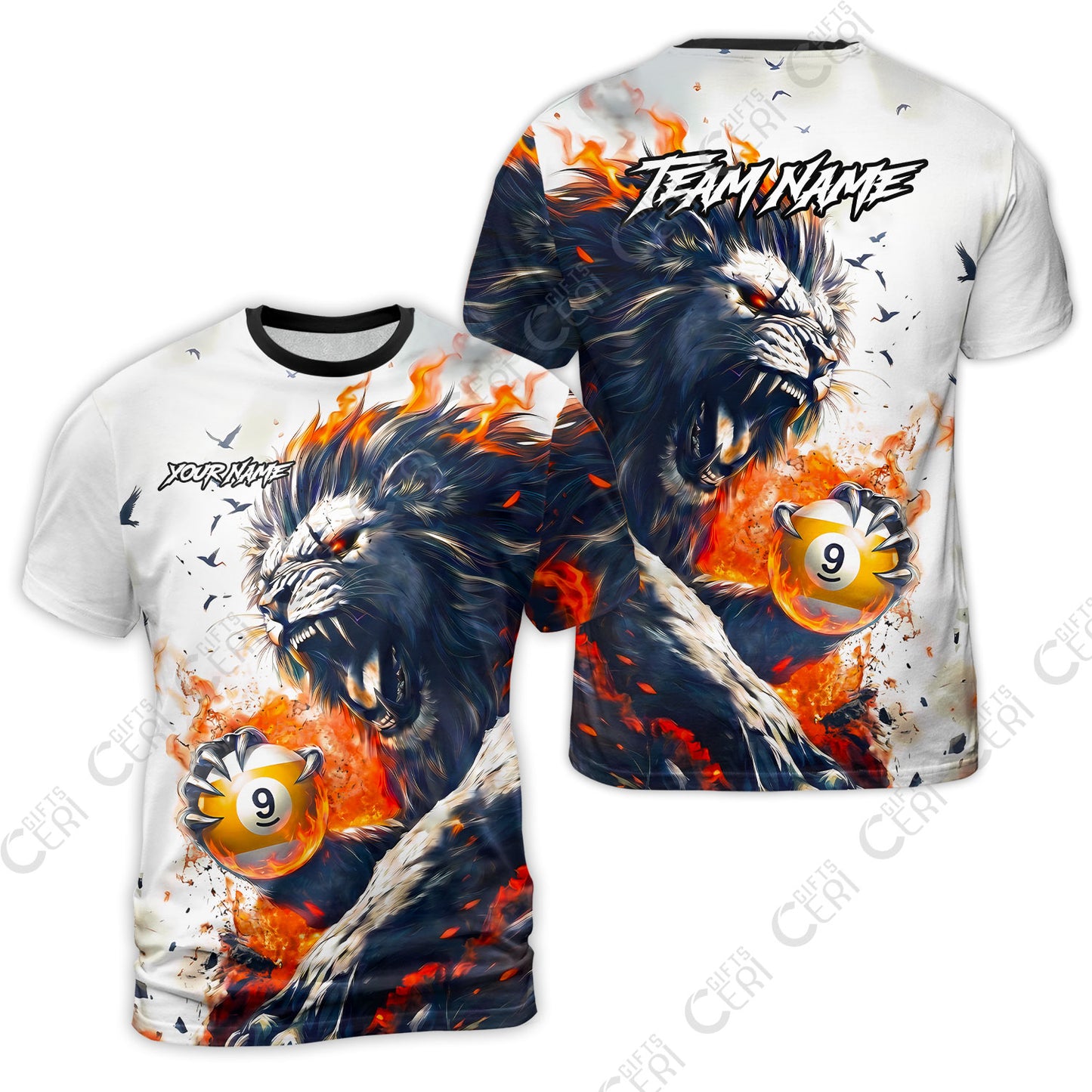 Customized 9 Ball Pool T-Shirt, Lion Fire Lava 9-Ball, Personalized Billiards Jersey
