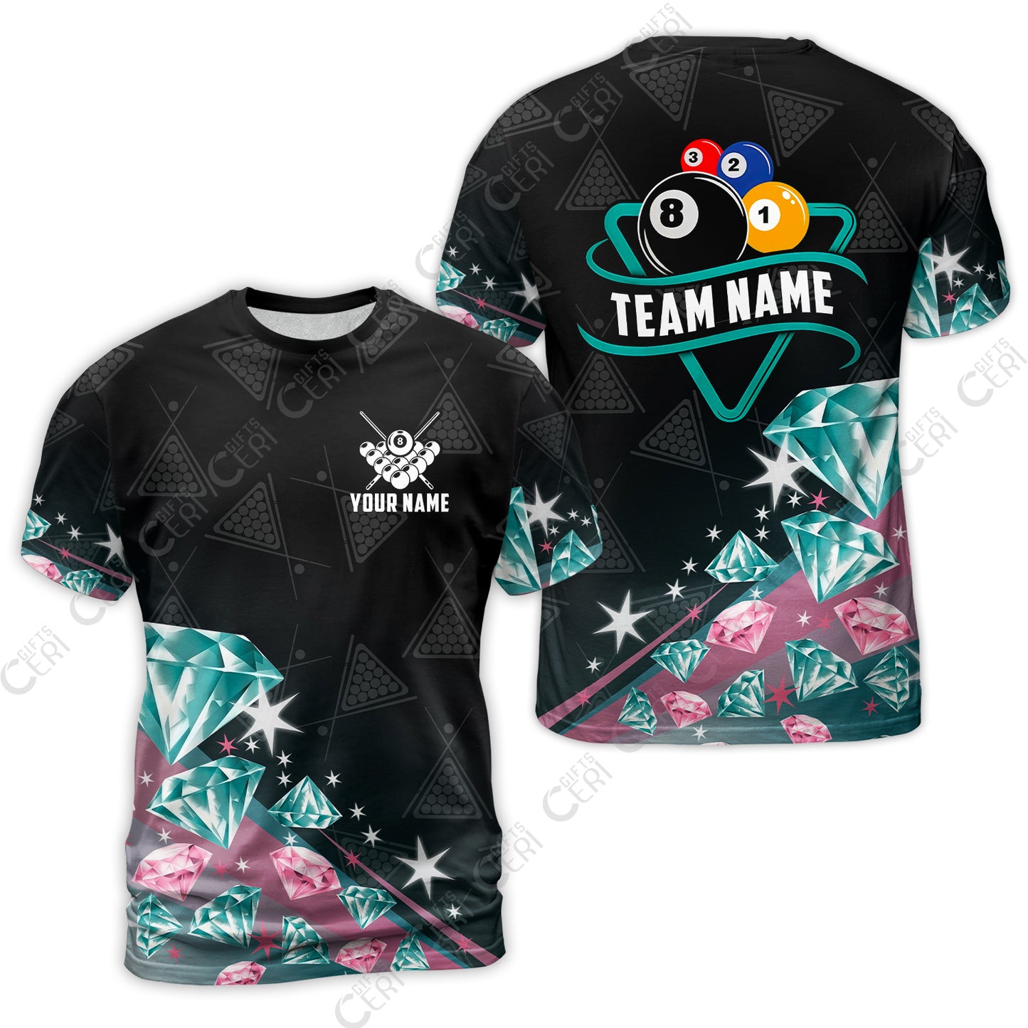 Customized 8 Ball Pool T-Shirt, Diamonds Billiard 8-Ball, Personalized Billiards Jersey