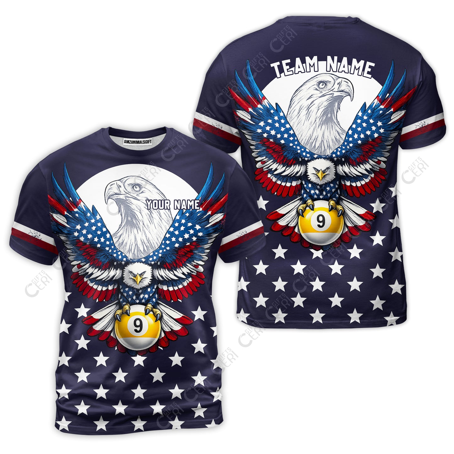 Customized 9 Ball Pool T-Shirt, American Eagle Billiards 9-Ball, Personalized Billiards Jersey