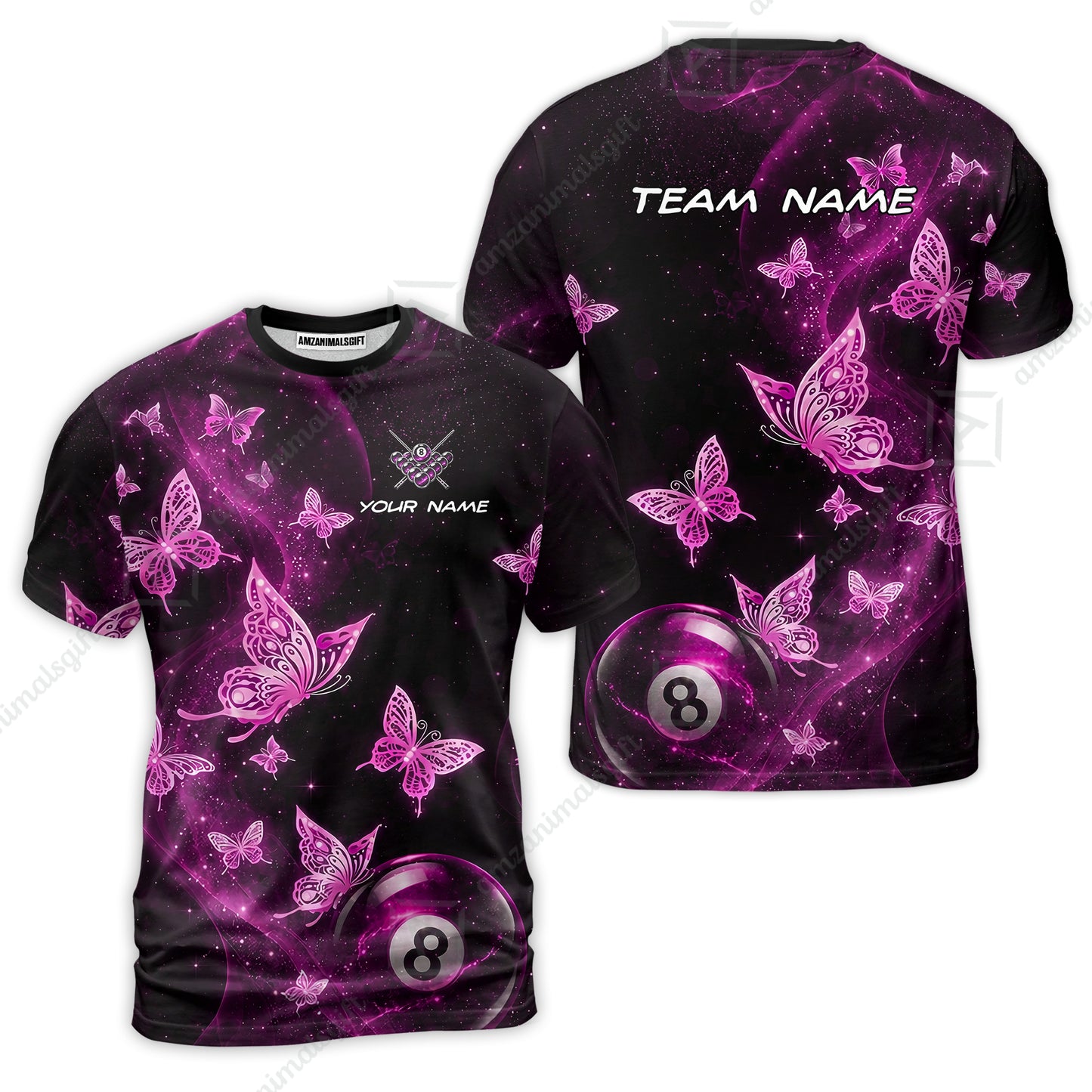 Customized 8 Ball Pool T-Shirt, Galaxy And Butterflies, Personalized Billiards Jersey
