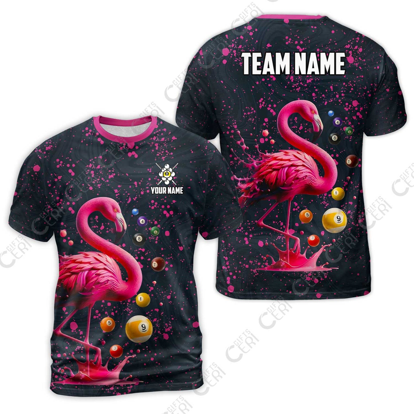 Customized 9 Ball Pool T-Shirt, Flamingo Pink Splat Billiard 9-Ball, Billiards Jersey