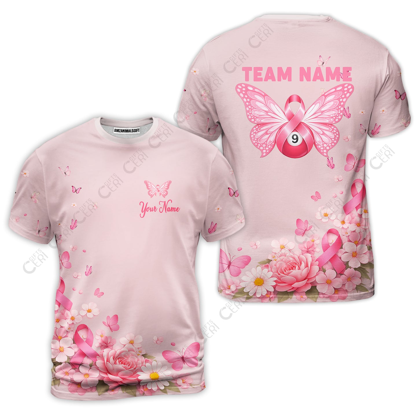 Customized 9 Ball Pool T-Shirt, Floral Butterfly Billiards 9-Ball, Personalized Billiards Jersey