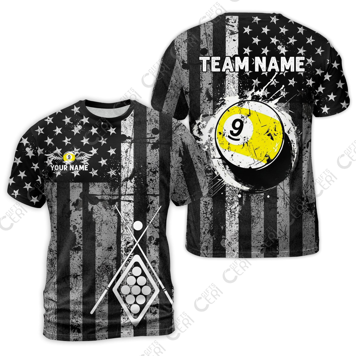 Customized 9 Ball Pool T-Shirt, Distressed American Flag Pattern, Billiards Jerseys
