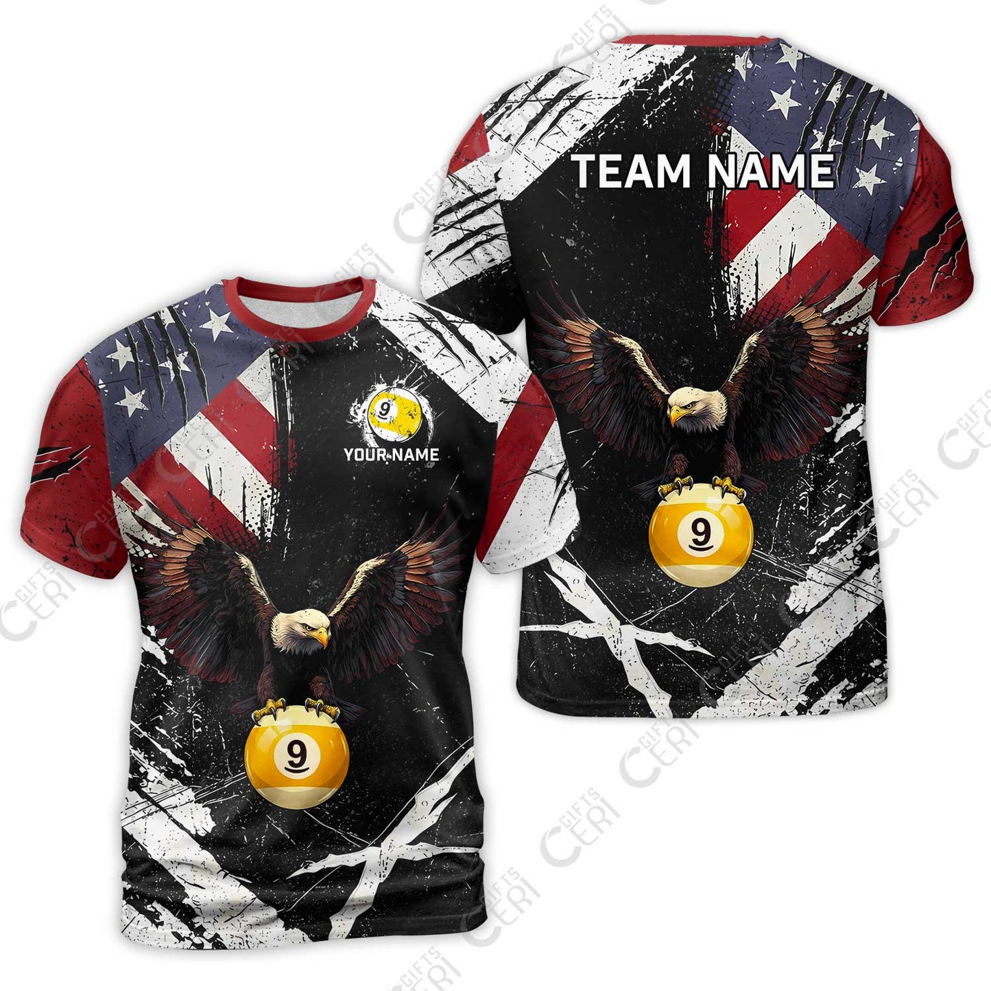Customized 9 Ball Pool T-Shirt, Eagle Billiard American Flag 9-ball, Personalized Billiards Jersey