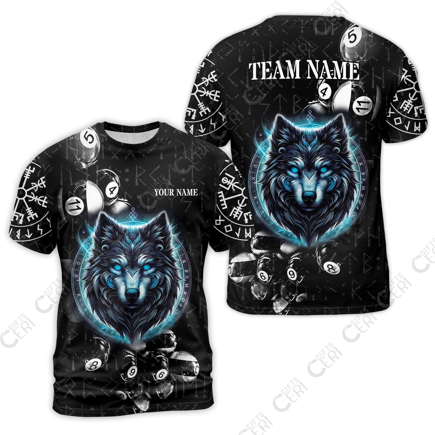 Customized Billiards T-Shirt, Wolf Runic Viking Black Grunge Alphabet, Billiards Jerseys