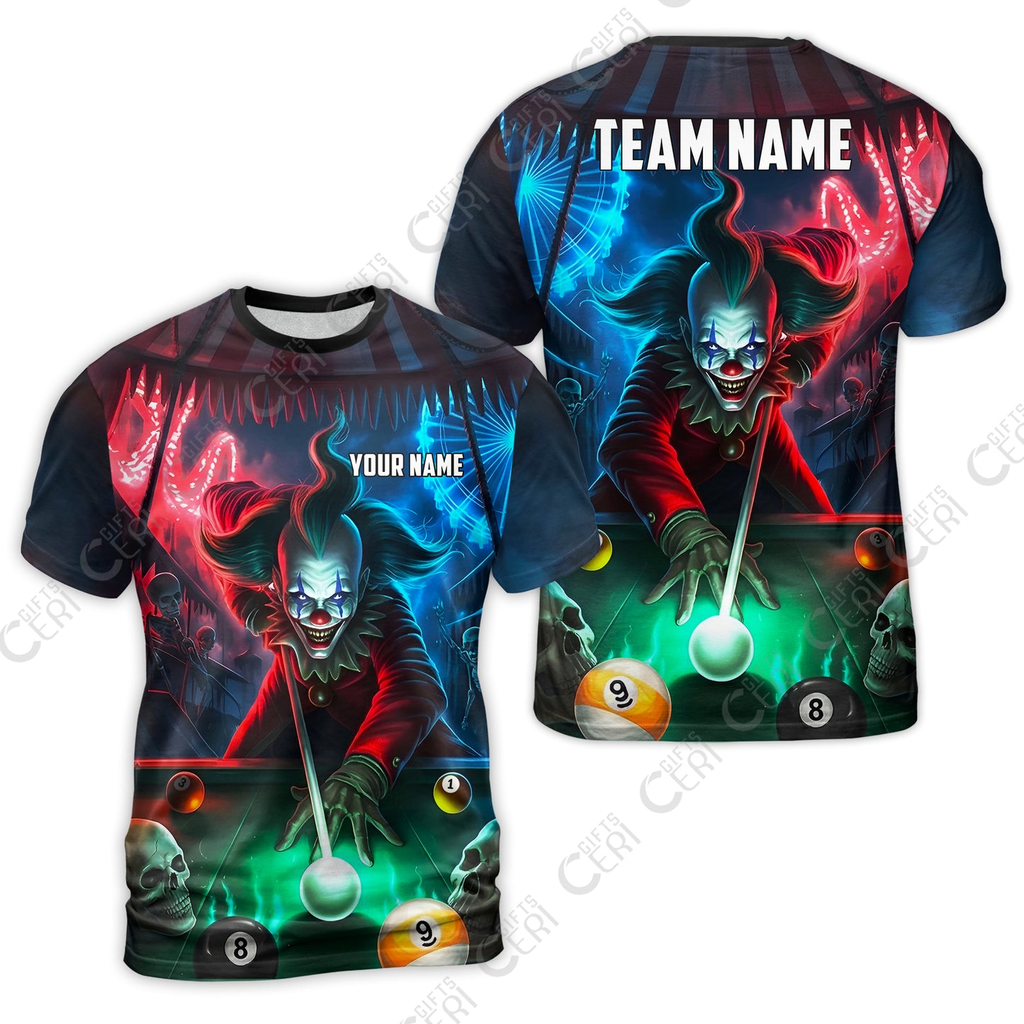 Customized Billiards T-Shirt, 8 & 9 Ball Pool Nightmare Billiards Clown Jersey, Billiards Jerseys