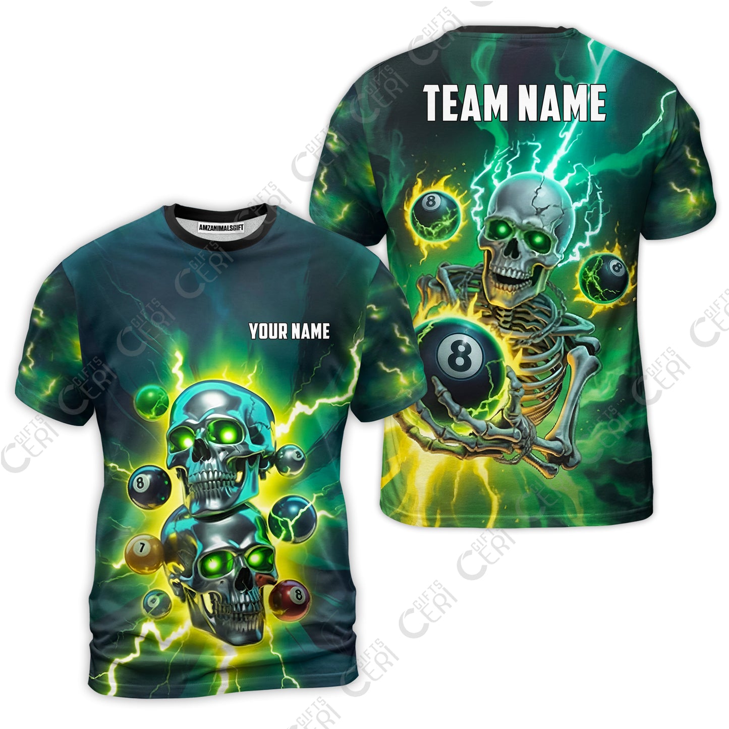 Customized 8 Ball Pool T-Shirt, Billiards 8-Ball Thunder Skull, Billiards Jerseys