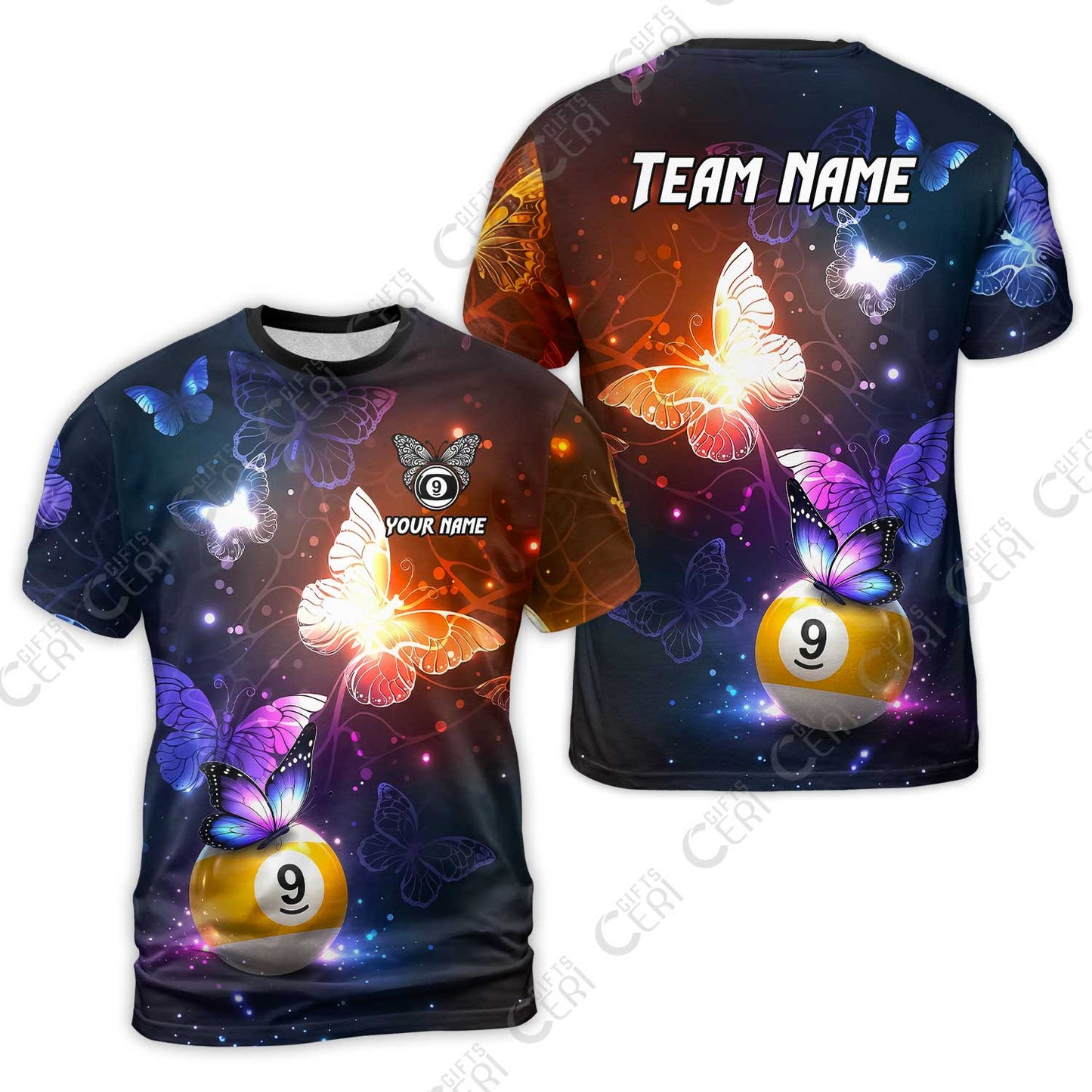 Customized 9 Ball Pool T-Shirt, Brush Paint Billiard Butterfly Sparkle 9-Ball, Personalized Billiards Jersey