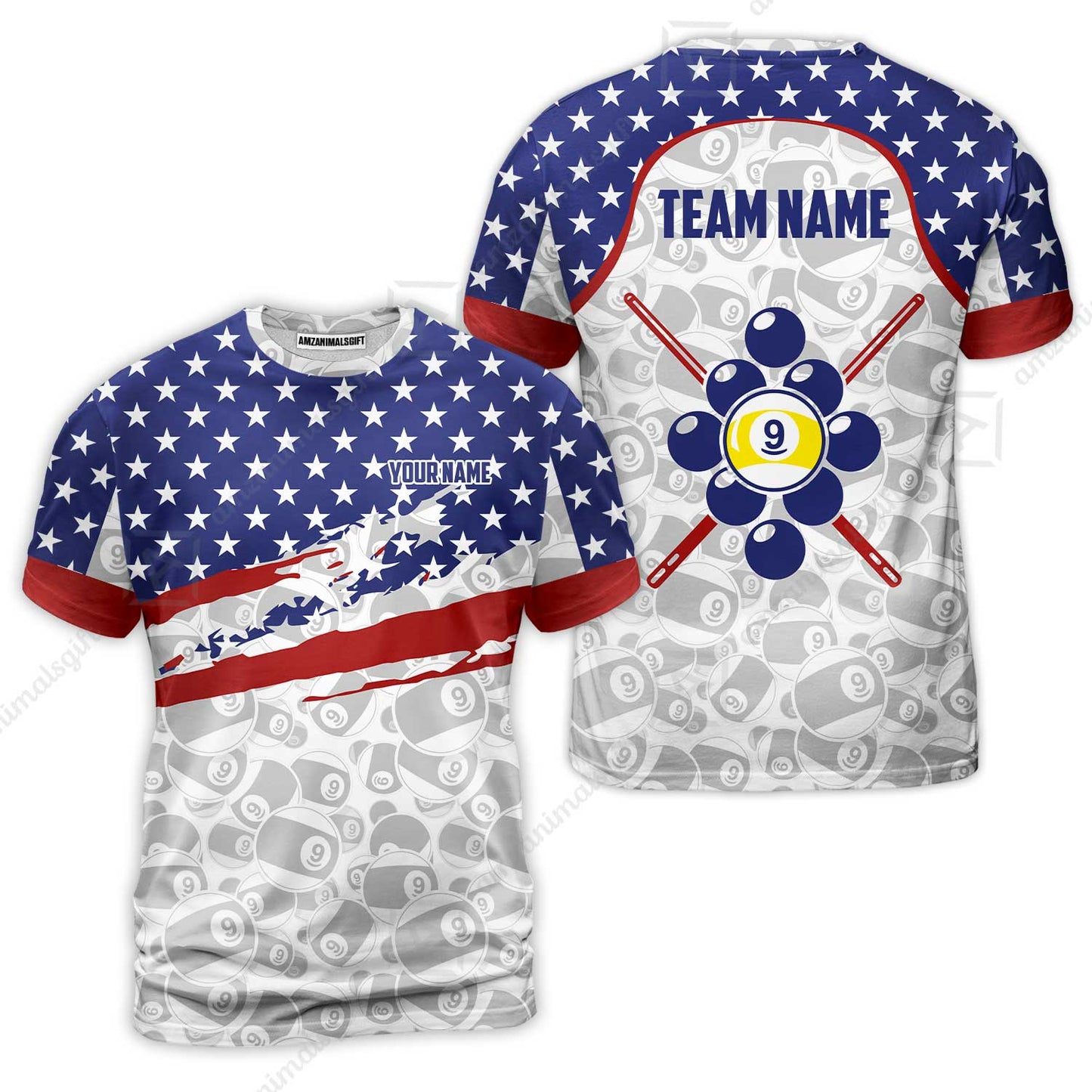 Customized 9 Ball Pool T-Shirt, American Star Flag Billiard 9-ball, Personalized Billiards Jersey