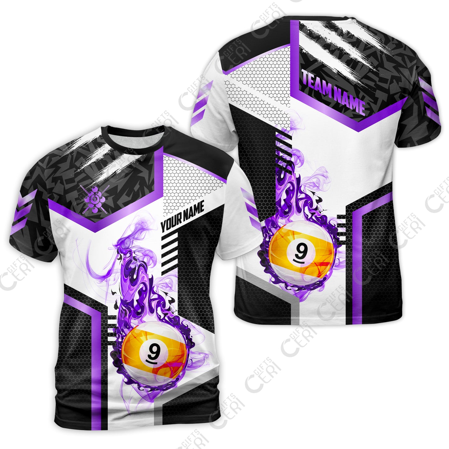 Customized 9 Ball Pool T-Shirt, Flaming 9-Ball Graphic, Billiards Jersey