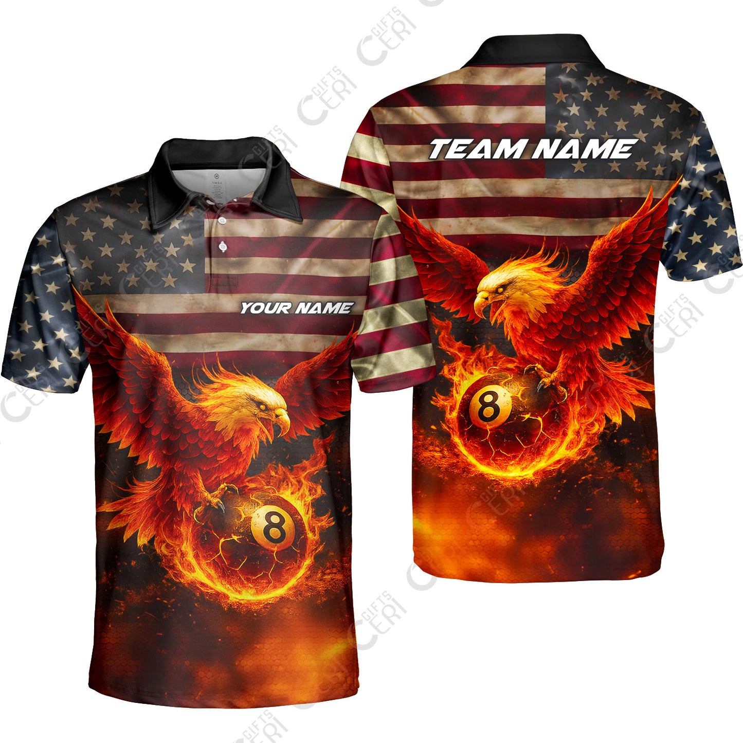 Customized 8 Ball Pool Unisex Polo Shirt, Billiards 8-Ball American Flag Fire Eagle, Billiards Jerseys