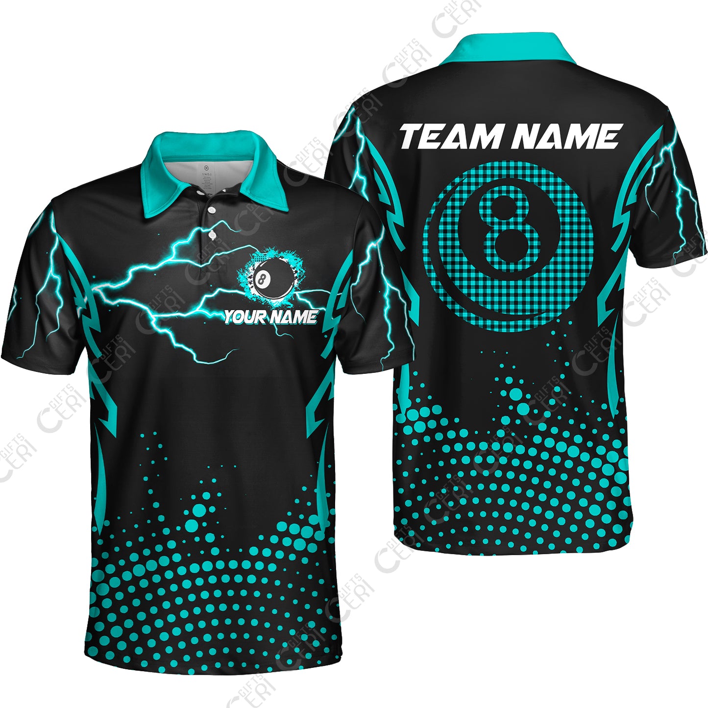 Customized Billiards Unisex Polo Shirt, Lightning Graphics With Dots 8 Ball Pool Jersey