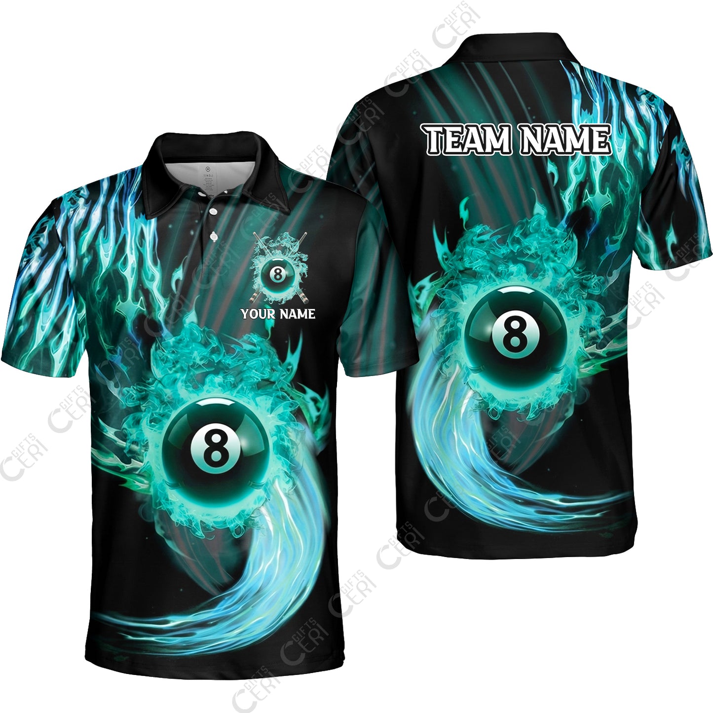 Customized 8 Ball Pool Unisex Polo Shirt, 8-Ball Swirling Fire And Glowing Smoke, Billiards Jerseys