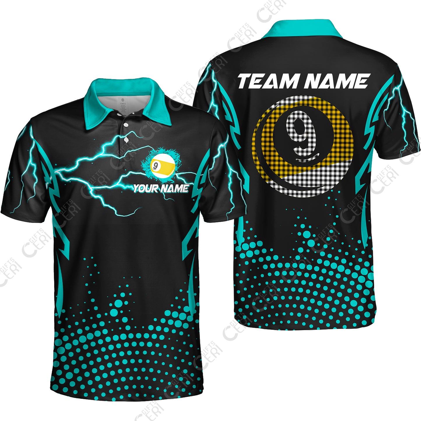 Customized Billiards Unisex Polo Shirt, Lightning Graphics With Dots 9 Ball Pool Jersey