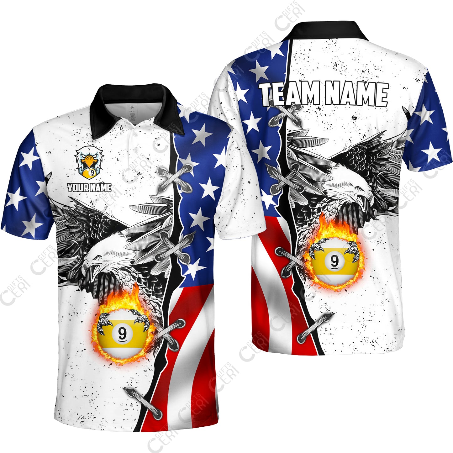 Customized Billiards Unisex Polo Shirt, US Flag White Eagle Flame Pin Dust Pattern Personalized Billiard 9 Ball Jersey