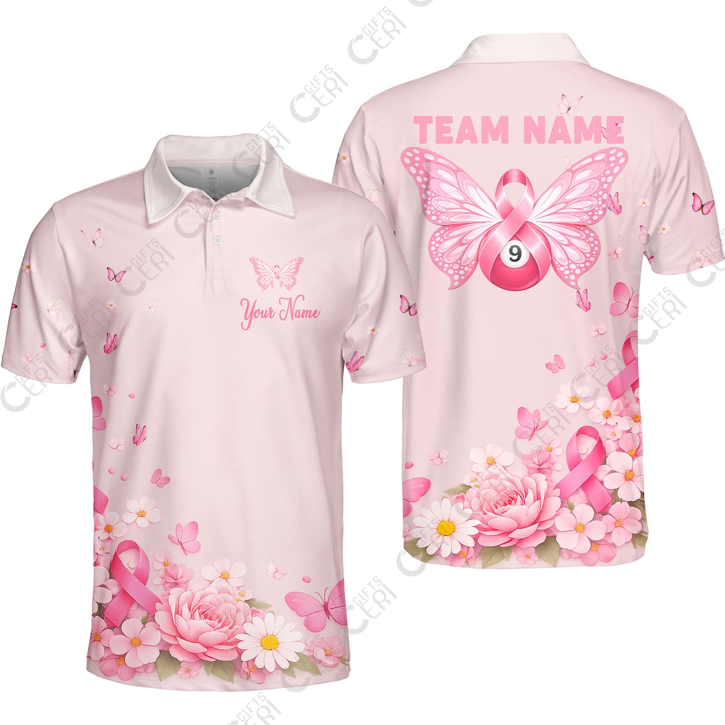 Customized 9 Ball Pool Unisex Polo Shirt, Floral Butterfly Billiards 9-Ball, Personalized Billiards Jersey