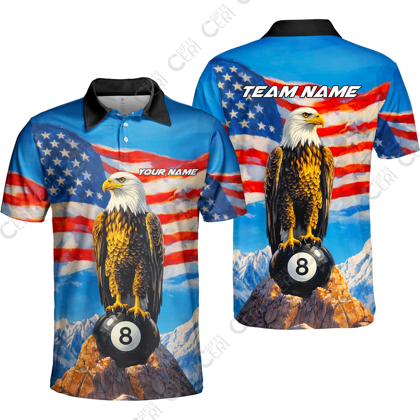 Customized Billiards Unisex Polo Shirt, Personalized American Flag With Eagle 8 Ball Jersey Gift For Billiard Players
