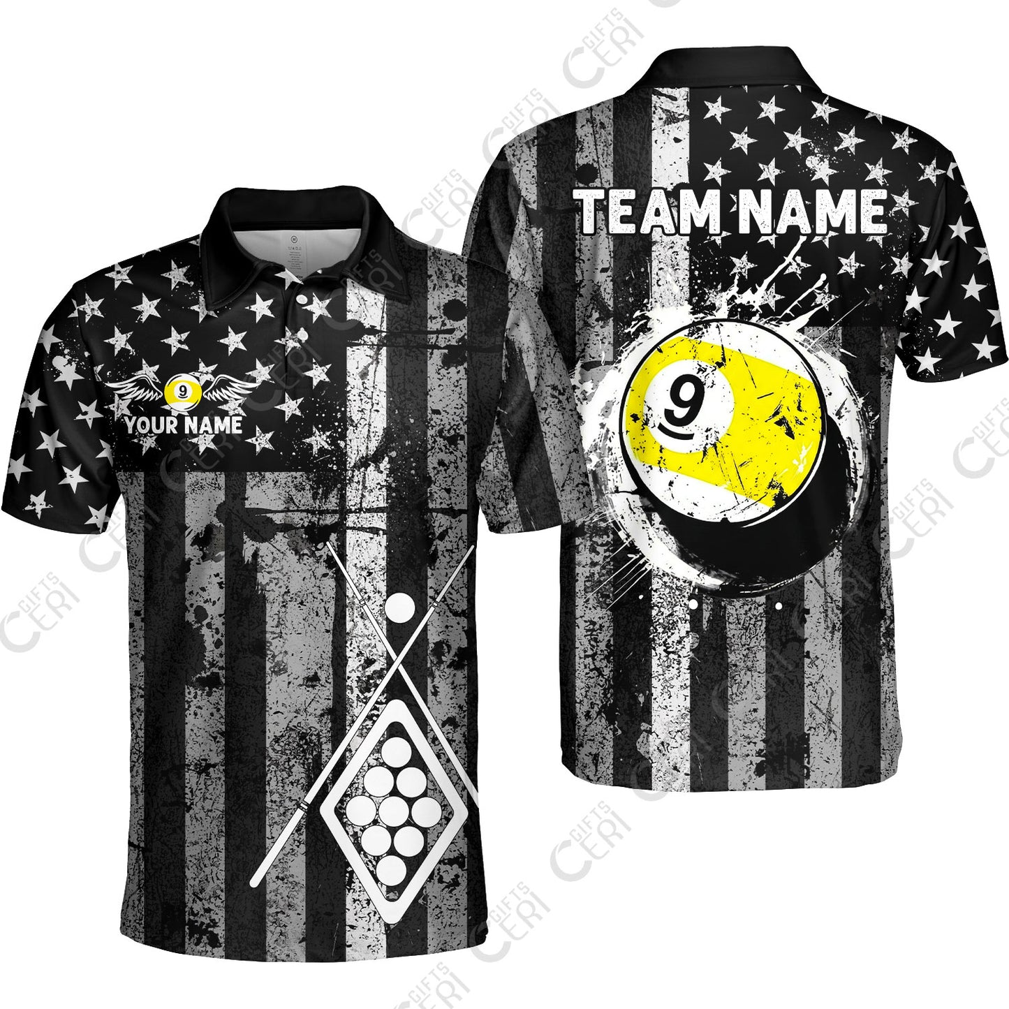 Customized 9 Ball Pool Quarter-Zip Polo Shirt, Distressed American Flag Pattern, Billiards Jerseys
