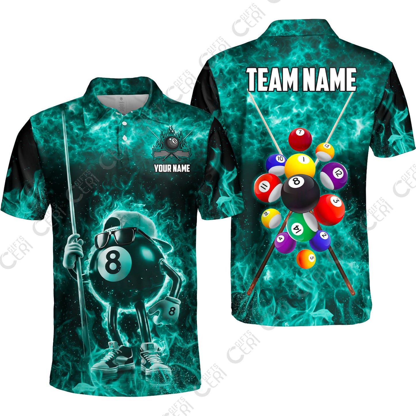 Customized 8 Ball Pool Unisex Polo Shirt, 8-Ball Wearing Cap And Sunglasses Flaming Burn, Billiard Jerseys