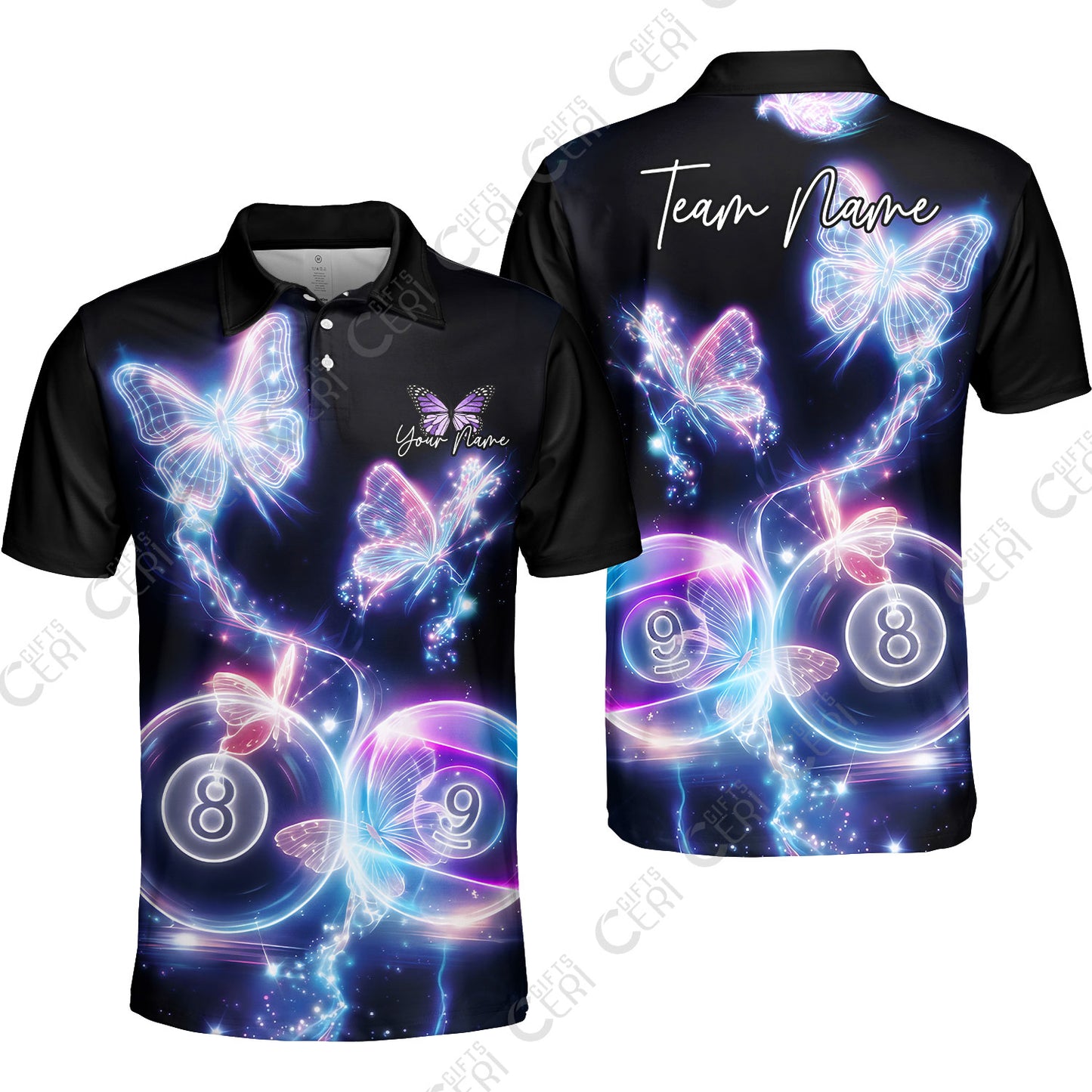 Customized Billiards Unisex Polo Shirt, 8 & 9 Ball Neon Butterfly Galaxy Jersey, Billiards Jerseys