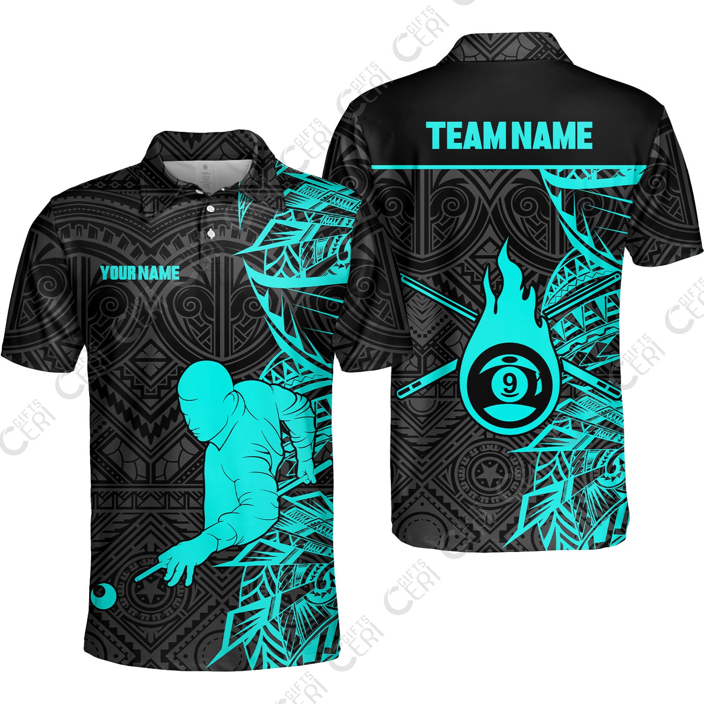 Customized 9 Ball Pool Unisex Polo Shirt, 9-Ball Billiards Tattoo Pattern, Billiards Jerseys