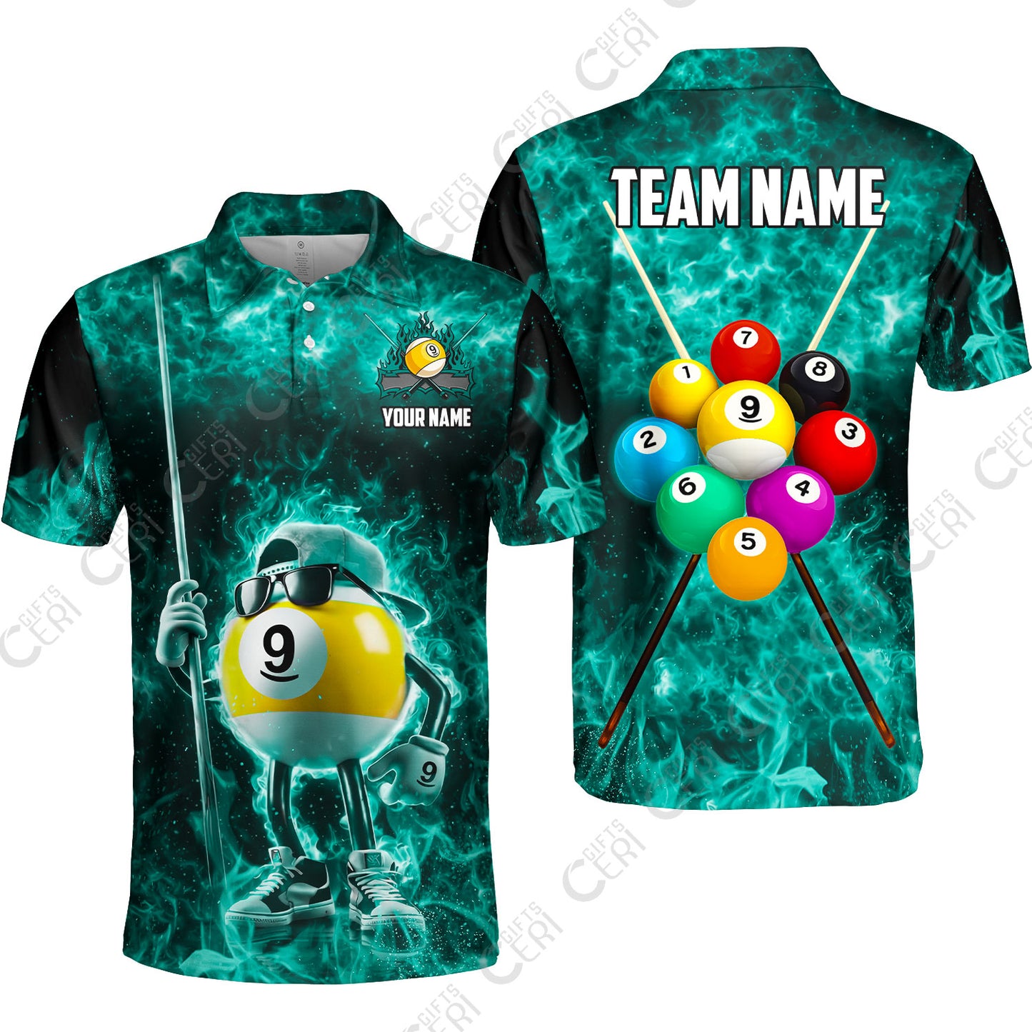 Customized 9 Ball Pool Unisex Polo Shirt, 9-Ball Wearing Cap And Sunglasses Flaming Burn, Billiard Jerseys