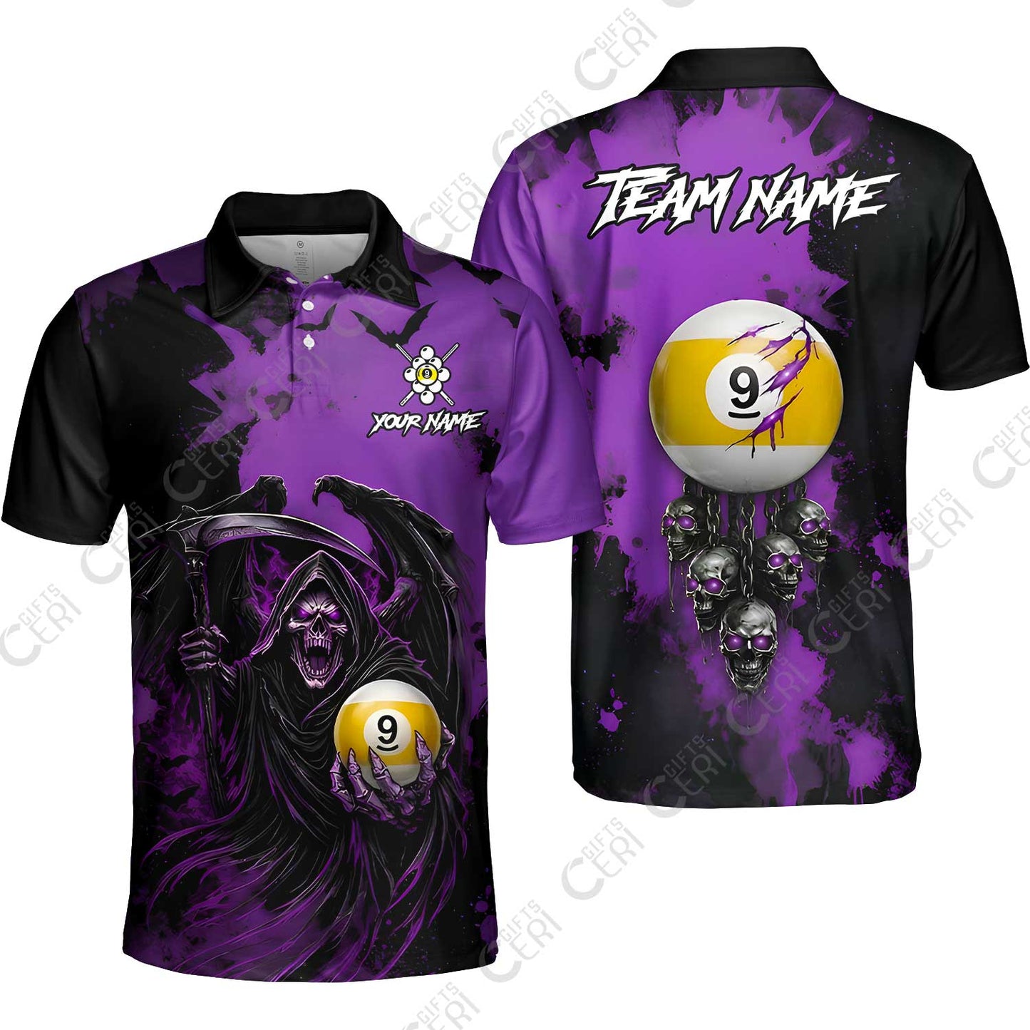 Customized 9 Ball Pool Unisex Polo Shirt, Billiard Death Skull Paint Splash 9-Ball, Billiards Jersey