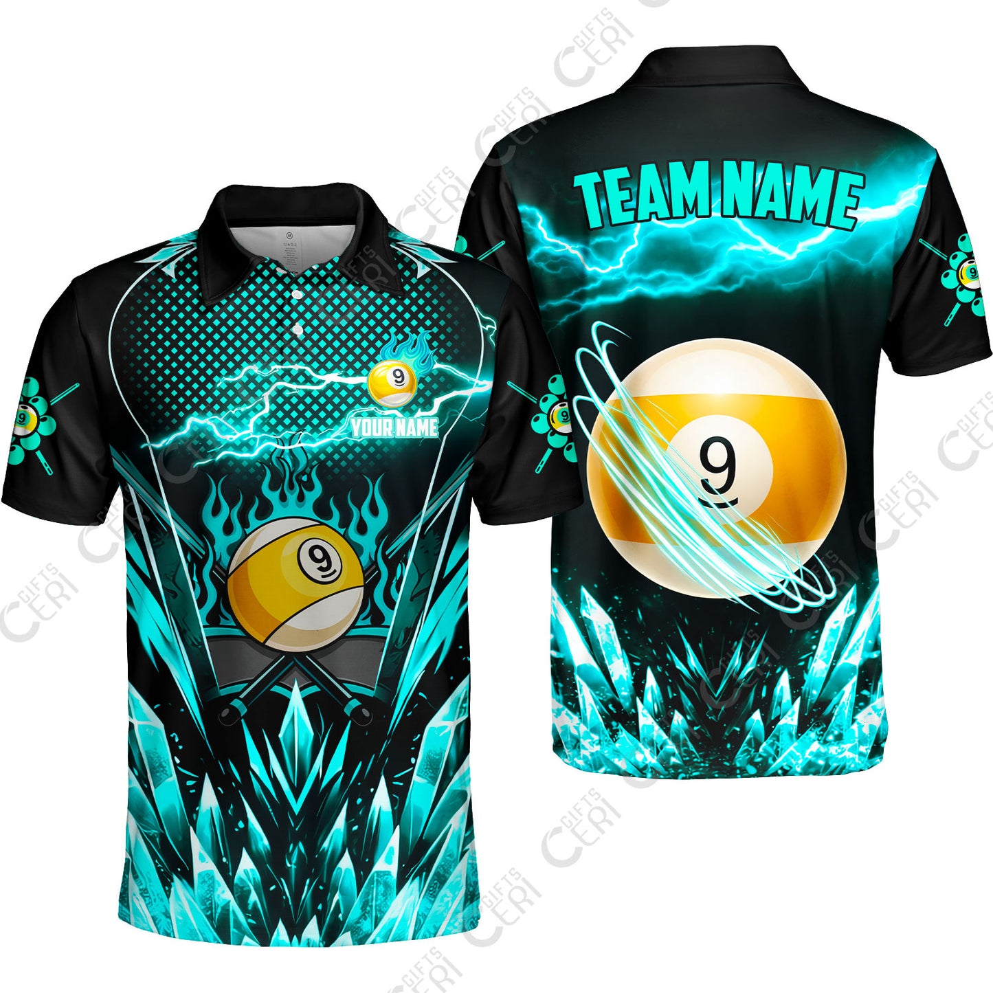 Customized 9 Ball Pool Unisex Polo Shirt, Electric Lightning Crystal, Billiards Jerseys