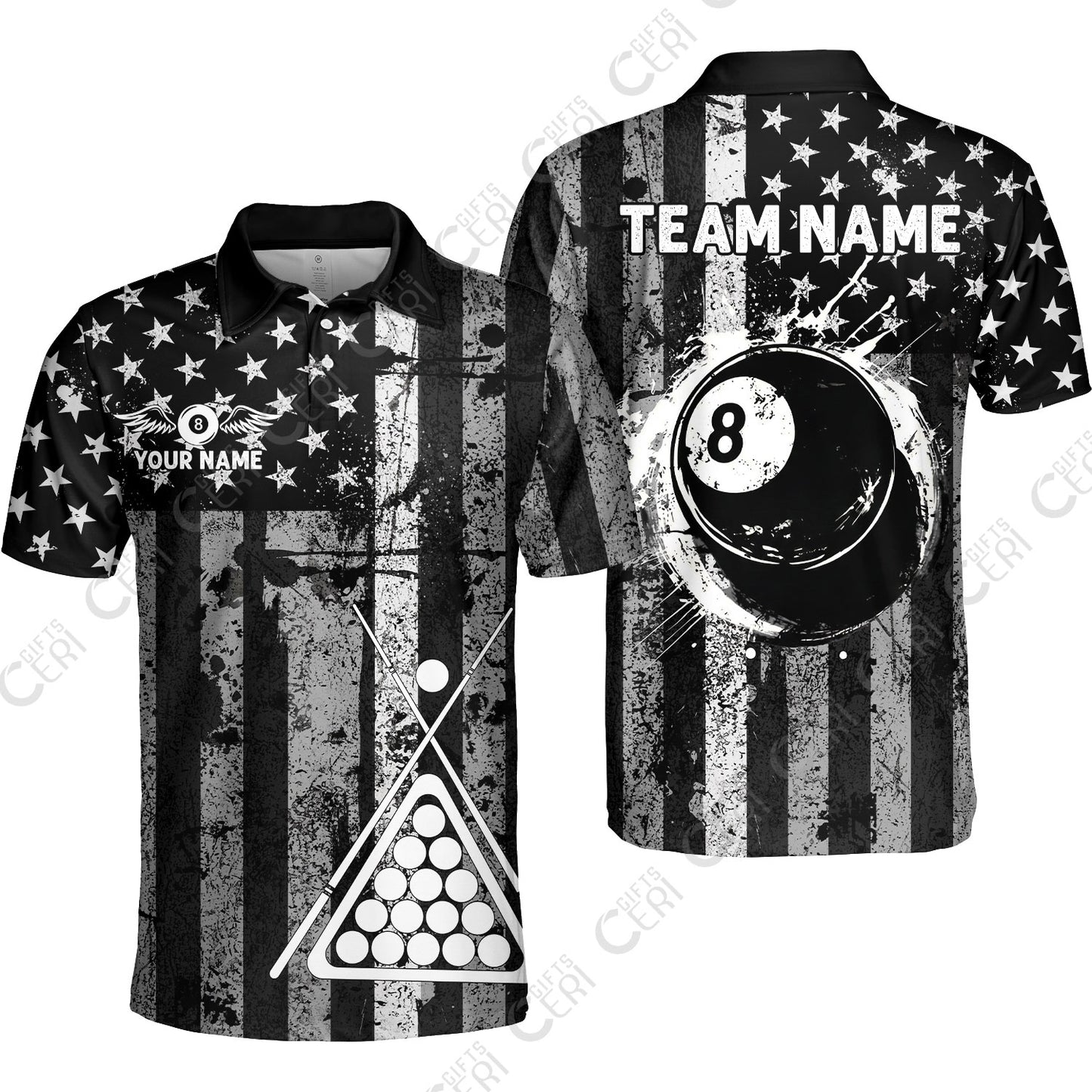 Customized 8 Ball Pool Unisex Polo Shirt, Distressed American Flag Pattern, Billiards Jerseys