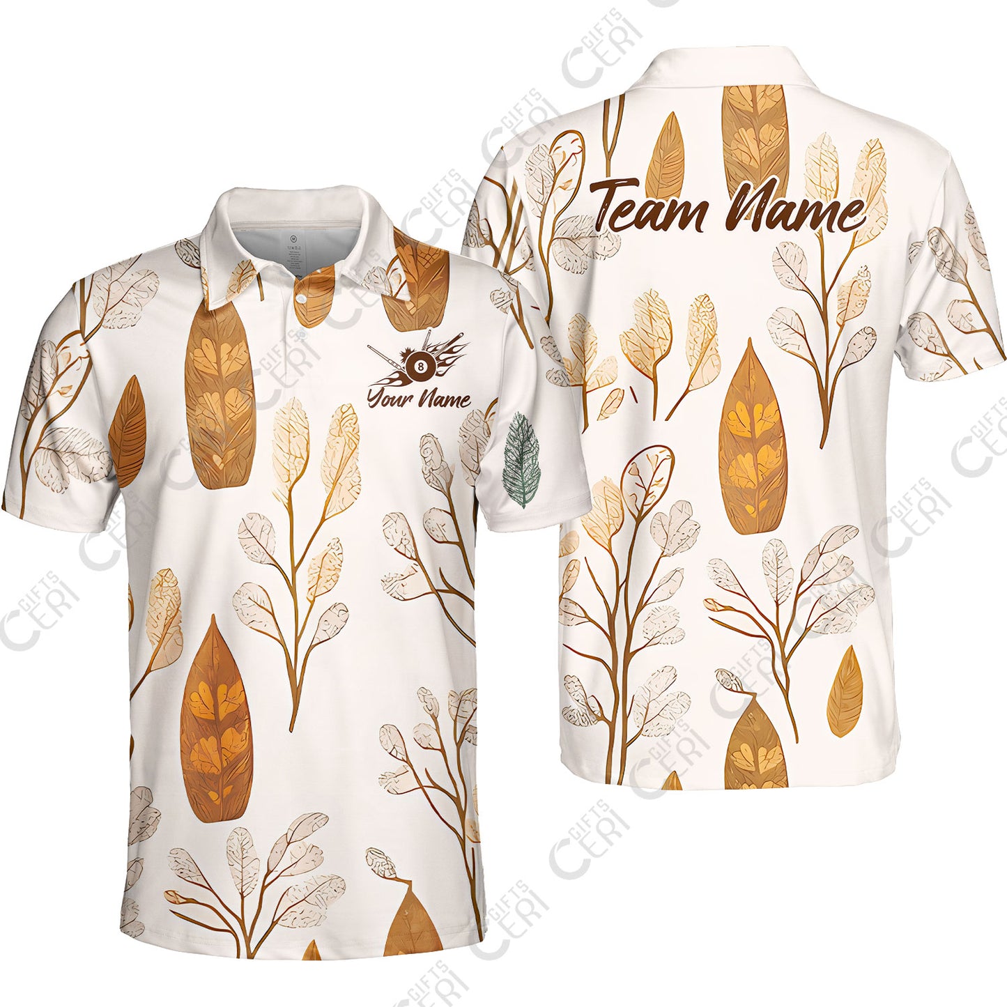 Customized 8 Ball Pool Unisex Polo Shirt, Leaves Pattern Billiard 8-Ball, Personalized Billiards Jersey
