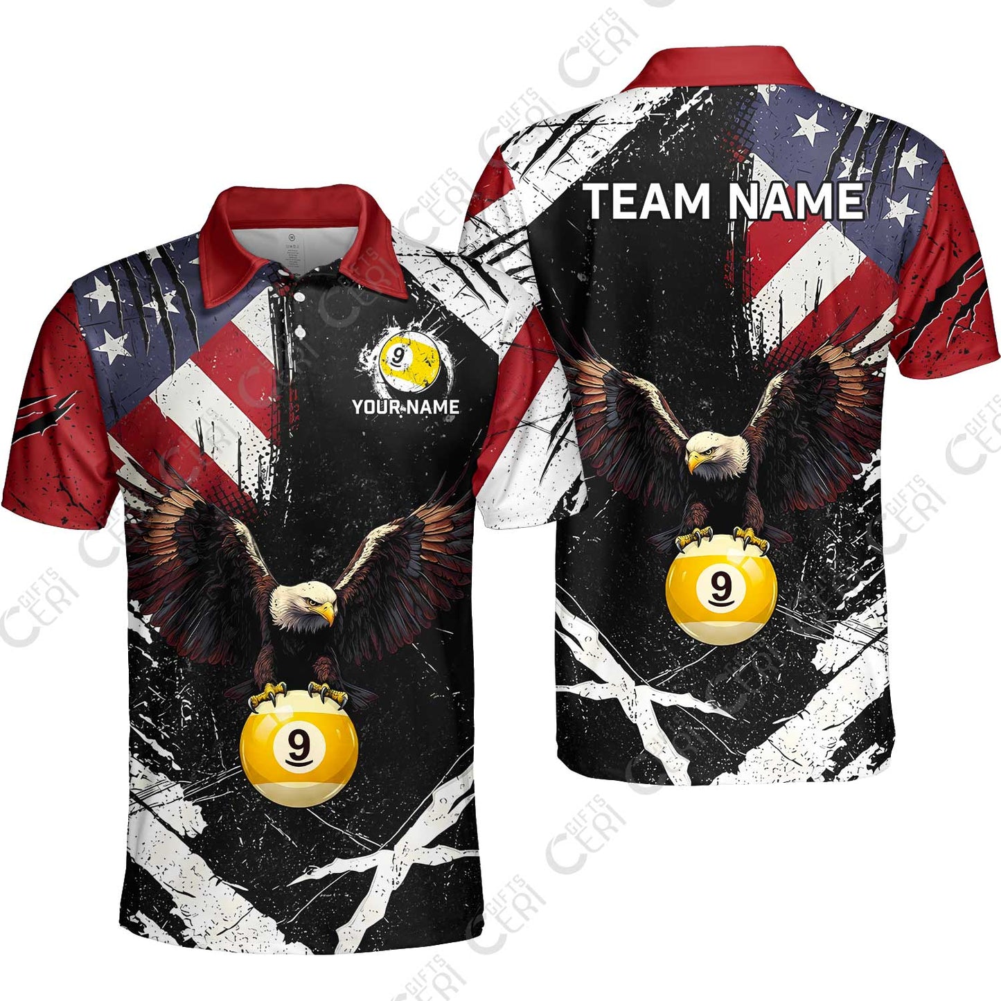 Customized 9 Ball Pool Unisex Polo Shirt, Eagle Billiard American Flag 9-ball, Personalized Billiards Jersey