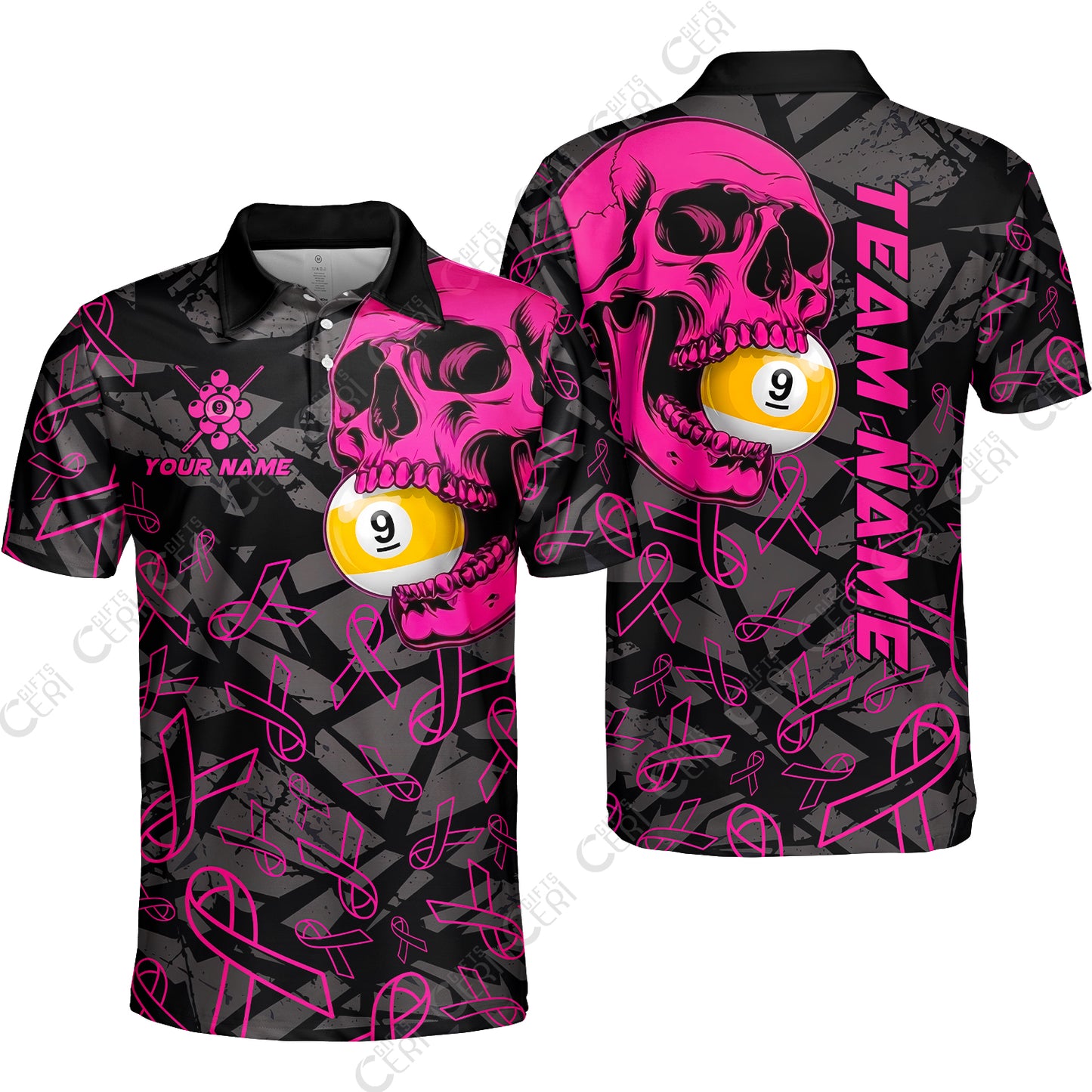 Customized 9 Ball Pool Unisex Polo Shirt, Billiard Pink Skull 9-Ball, Personalized Billiards Jersey