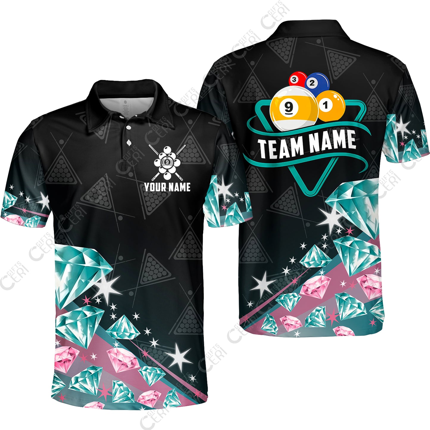 Customized 9 Ball Pool Unisex Polo Shirt, Diamonds Billiard 9-Ball, Personalized Billiards Jersey