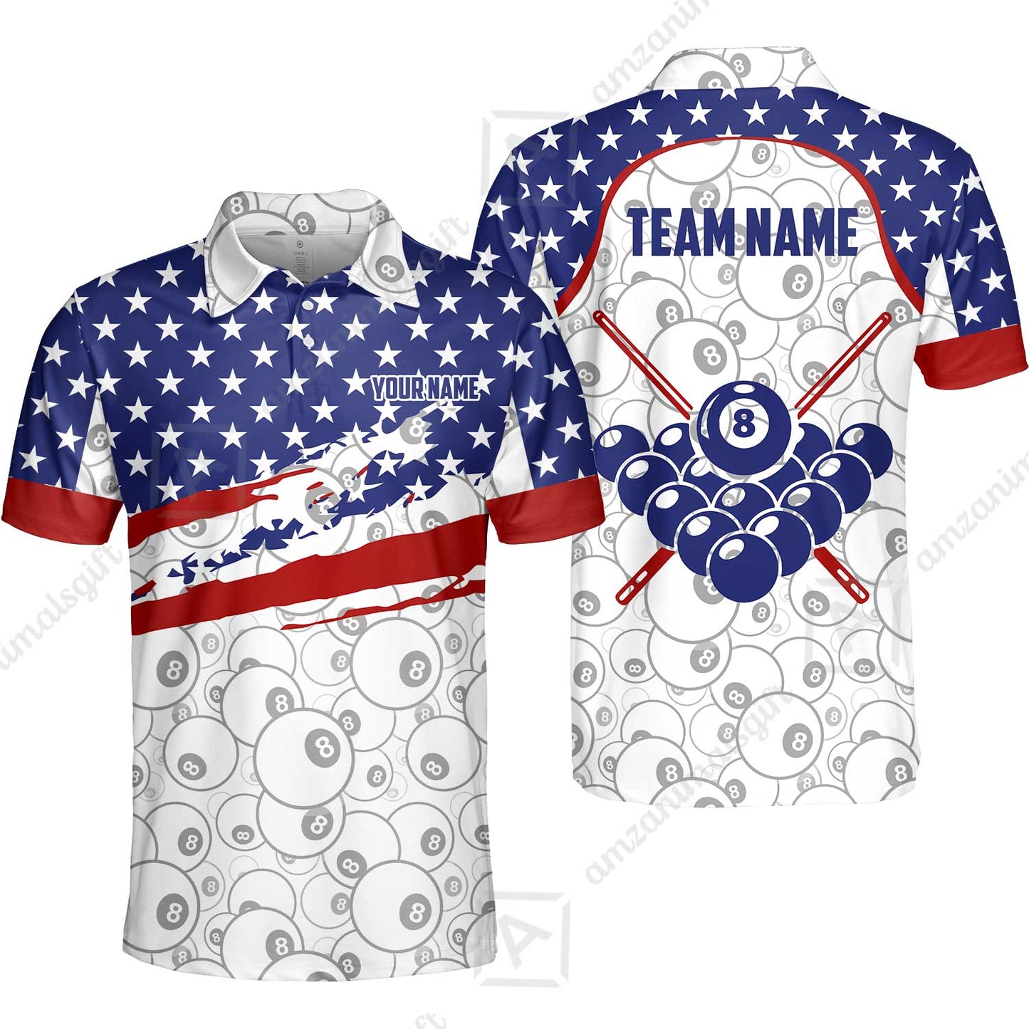 Customized 8 Ball Pool Unisex Polo Shirt, American Star Flag Billiard 8-Ball, Personalized Billiards Jersey