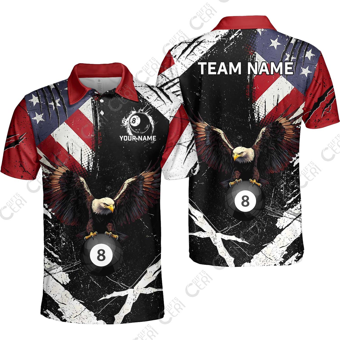 Customized 8 Ball Pool Unisex Polo Shirt, Eagle Billiard American Flag 8-ball, Personalized Billiards Jersey