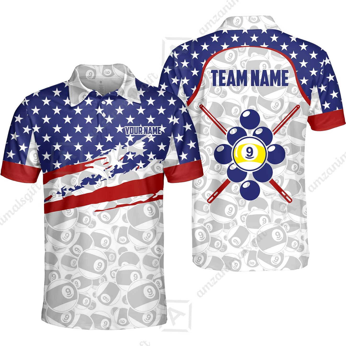 Customized 9 Ball Pool Unisex Polo Shirt, American Star Flag Billiard 9-ball, Personalized Billiards Jersey