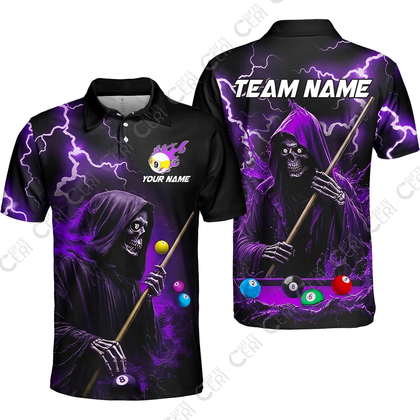Customized 9 Ball Pool Unisex Polo Shirt, The Death Plays Billiards 9-Ball Flame, Billiards Jerseys