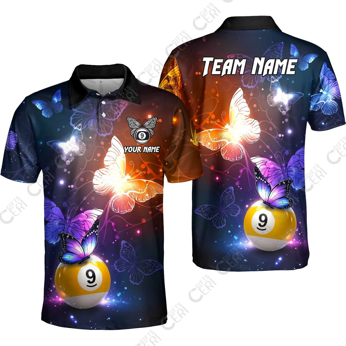 Customized 9 Ball Pool Unisex Polo Shirt, Brush Paint Billiard Butterfly Sparkle 9-Ball, Personalized Billiards Jersey