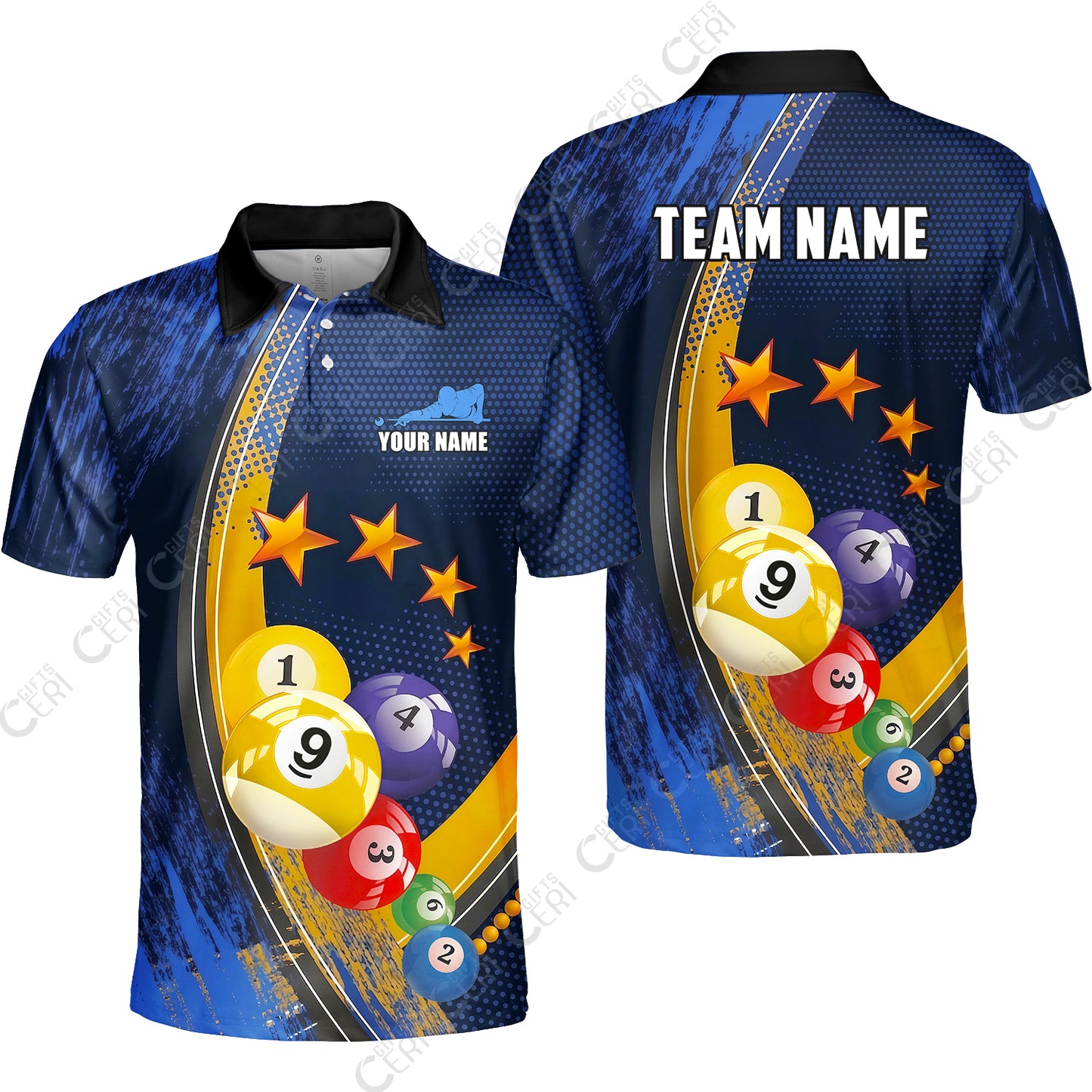 Customized 9 Ball Pool Unisex Polo Shirt, Brush Paint Billiards 9-Ball, Personalized Billiards Jersey