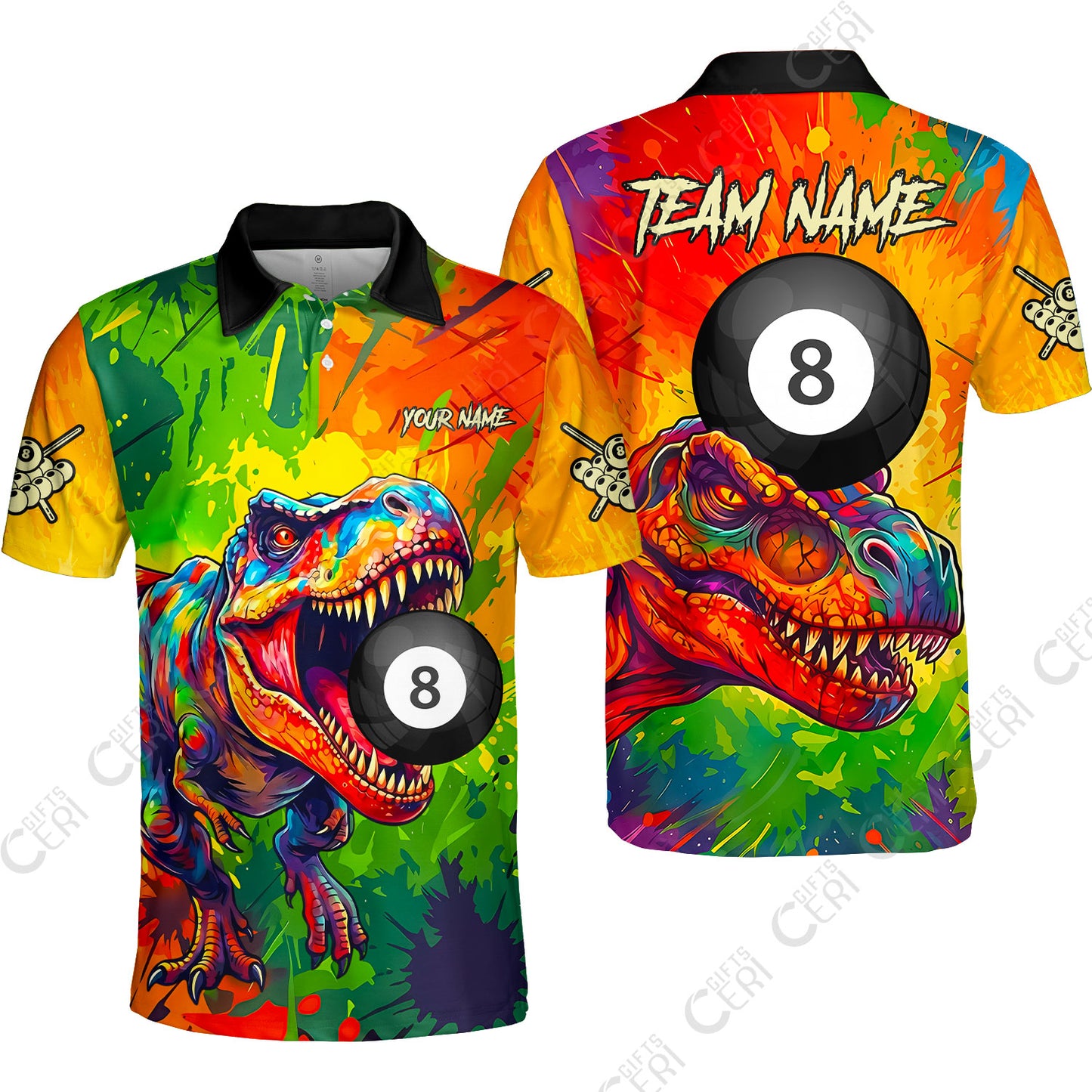 Customized 8 Ball Pool Unisex Polo Shirt, Dinosaur Colorful Splash Paint Billiard 8-Ball, Personalized Billiards Jersey