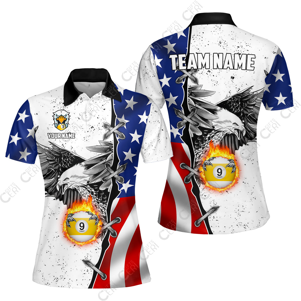 Customized Billiards Women Polo Shirt, US Flag White Eagle Flame Pin Dust Pattern Personalized Billiard 9 Ball Jersey