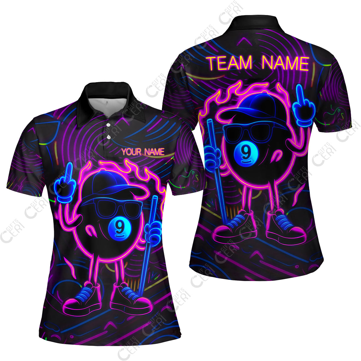 Customized 9 Ball Pool Women Polo Shirt, 9-Ball Billiard Neon Cartoon Flaming, Billiard Jerseys