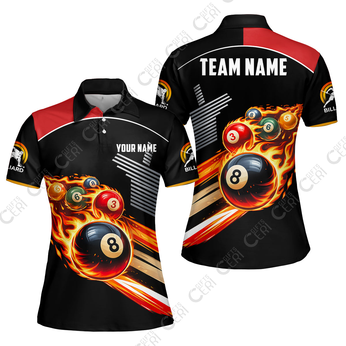 Customized 8 Ball Pool Women Polo Shirt, Billiards 8-Ball The Balls Are Burning, Billiards Jerseys