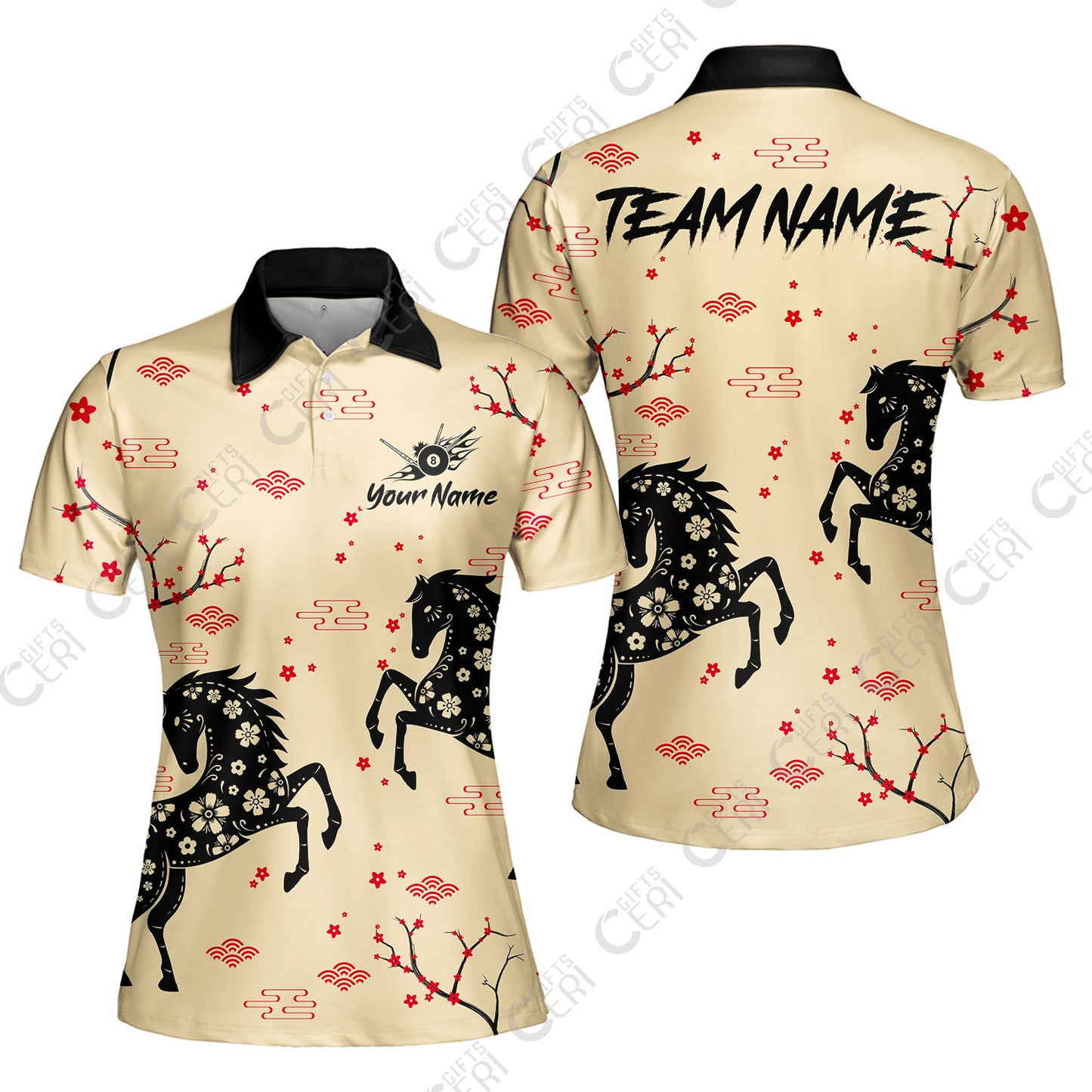 Customized 8 Ball Pool Women Polo Shirt, Floral Pattern Horse Cherry Blossom, Personalized Billiards Jersey